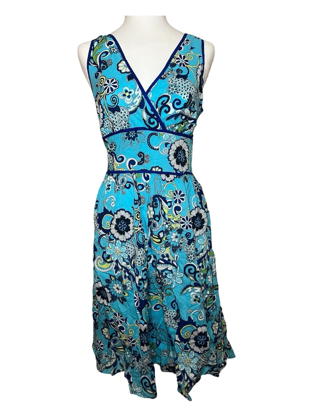 y2k 100% Cotton George Turquoise Floral V-Neck Midi Dress